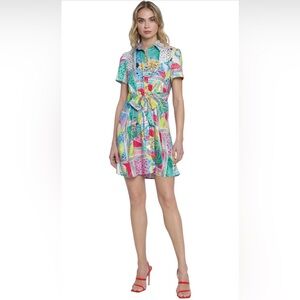 NEW Donna Morgan Printed Collared Shirt Tie Short Sleeve Tie Waist Dress 4 $118